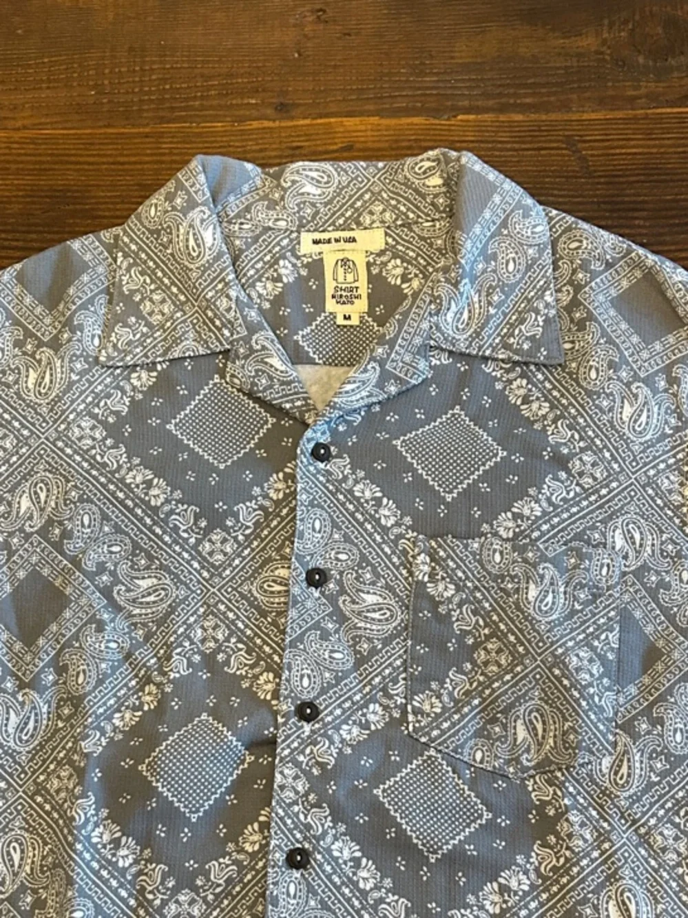Hiroshi Kato The Wrench Waffle gray Bandana-printShort Sleeve Button-Down Shirt - Picture 2 of 10